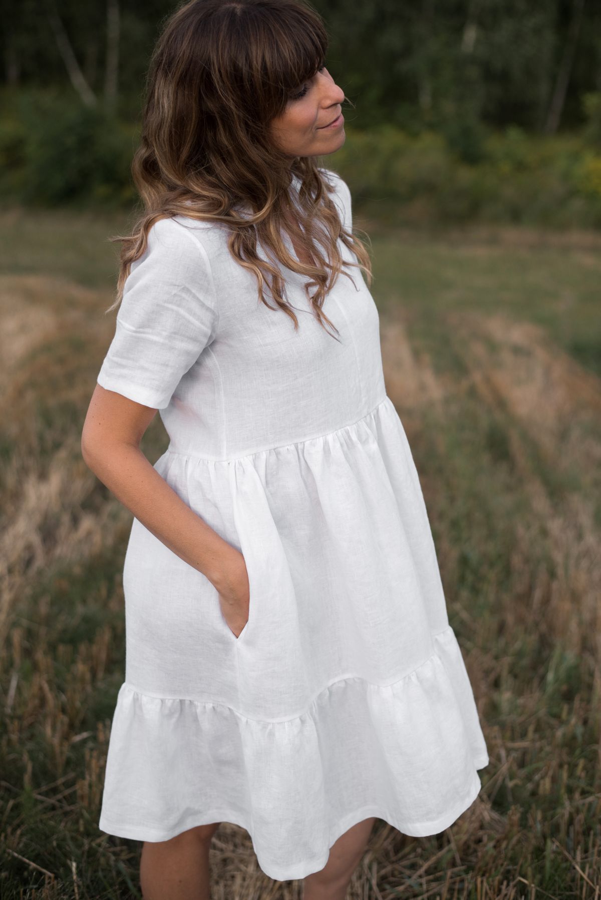Sukienka luźna biała lniana z falbanami - 100% polski len - SISTU