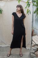 Sukienka maxi czarna z lnem z głębokim rozcięciem