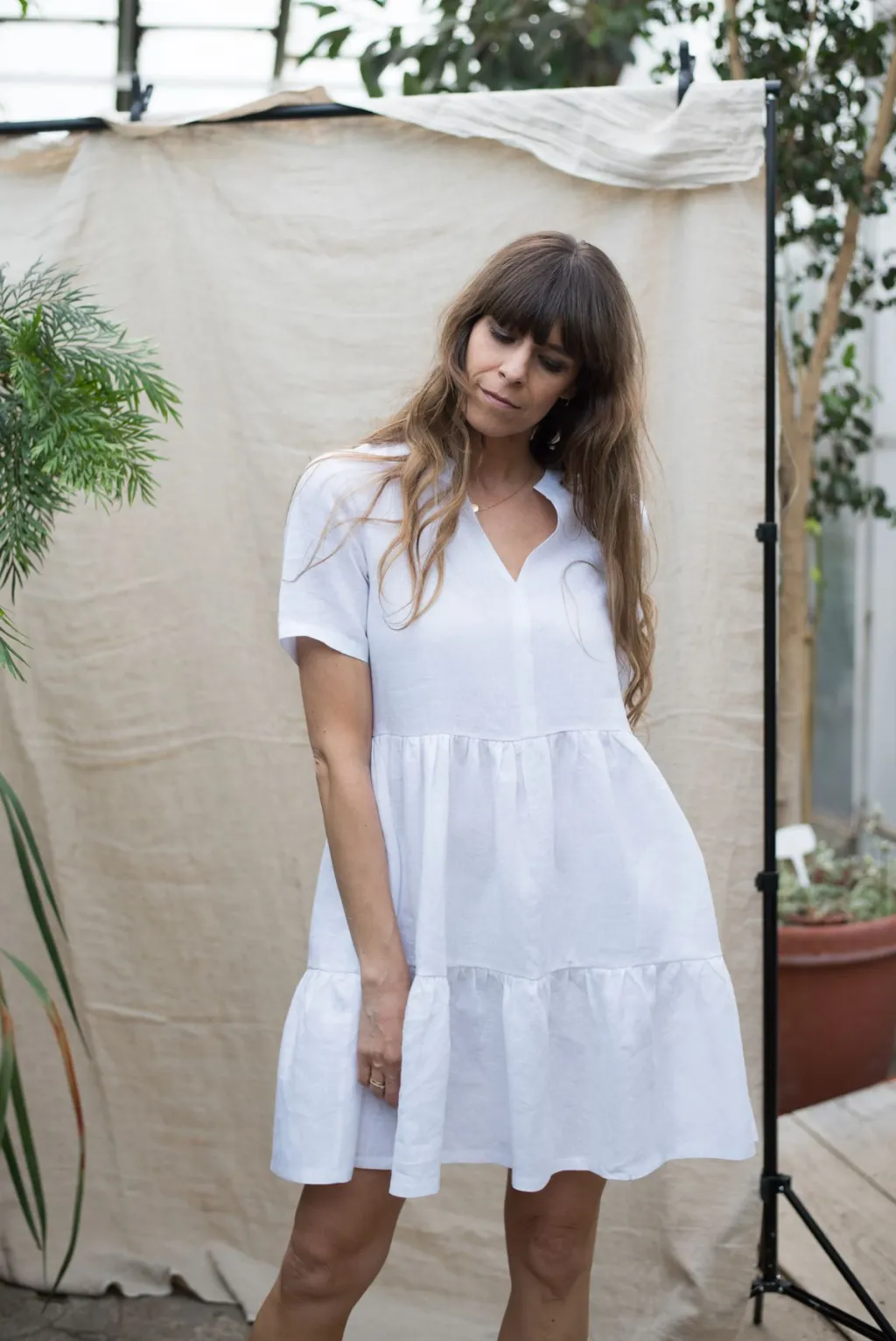Sukienka luźna biała lniana z falbanami - 100% polski len - SISTU