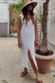 Lniana plażowa biała maxi sukienka z rozcięciem