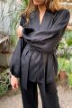Lniana czarna koszula kimono z baloniastymi rękawami