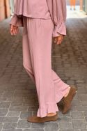 Spodnie brudny róż z lnem i falbankami